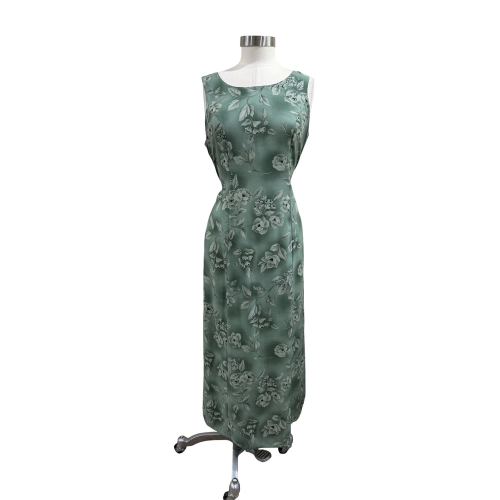 Vintage Lisa Jo Sage Green Floral Maxi Dress Sleeveless Keyhole Back Size 11/12